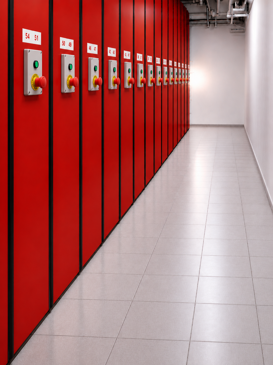 Archivio compattato elettrico con pulsantiere rialzate e arresti di emergenza a fungo